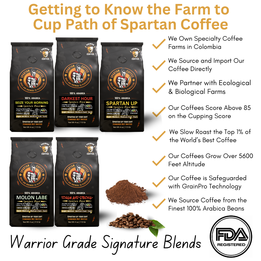 Spartan Coffee Signature Blends gift box with five bold ground coffee sampler packs and warrior-grade flavors