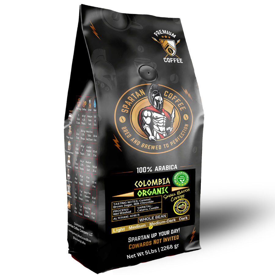 Colombian Organic Coffee medium roast beans in black Spartan Coffee bag with premium 100% Arabica label and tasting notes.