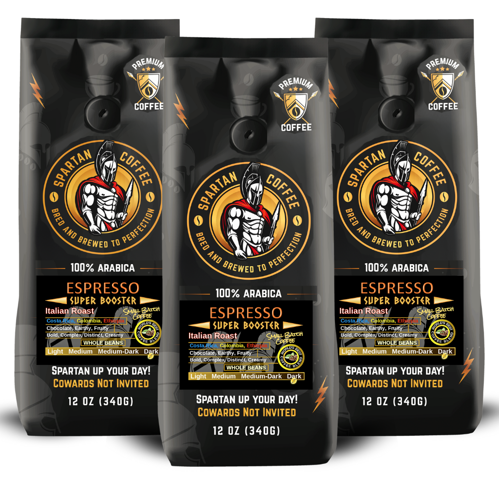 Three packages of Spartan Coffee Espresso Italian Roast Super Booster energy