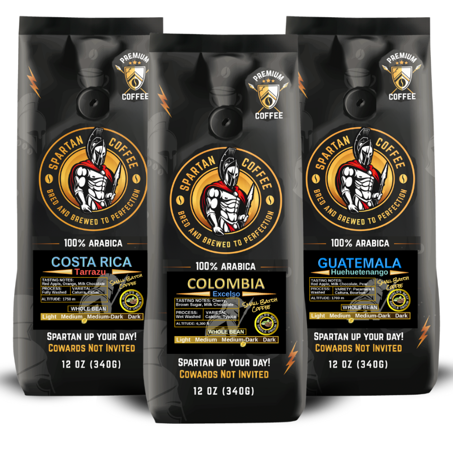 Latin America Tour 3-pack coffee bundle featuring 12oz bags of 100% Arabica Costa Rica, Colombia, and Guatemala whole bean coffee