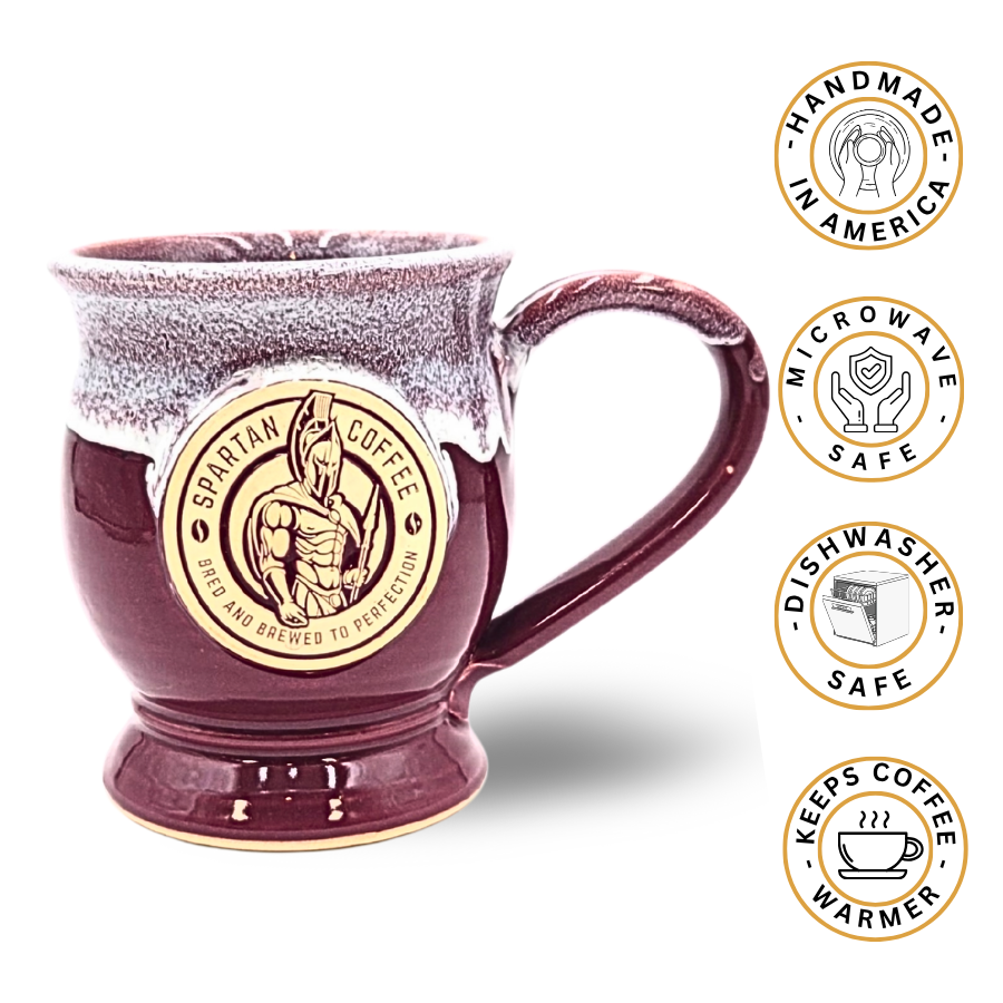 Molon Labe Coffee mug 12 oz handmade pottery with Spartan warrior logo, microwave and dishwasher safe, keeps coffee warmer.