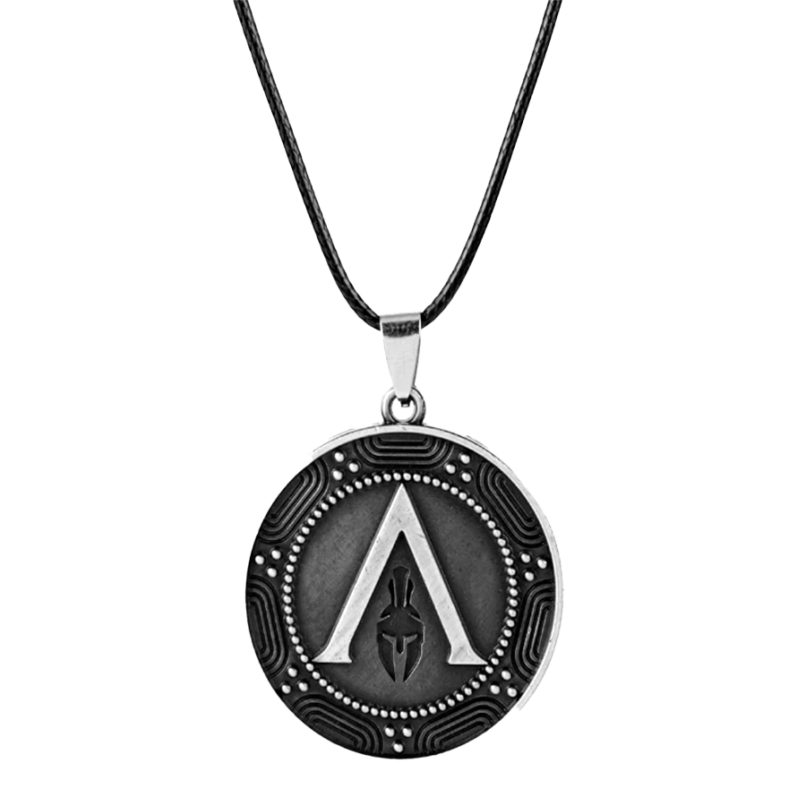 Ancient Greek Spartan Shield pendant necklace in weathered silver with Spartan helmet and Lacedaemon symbol