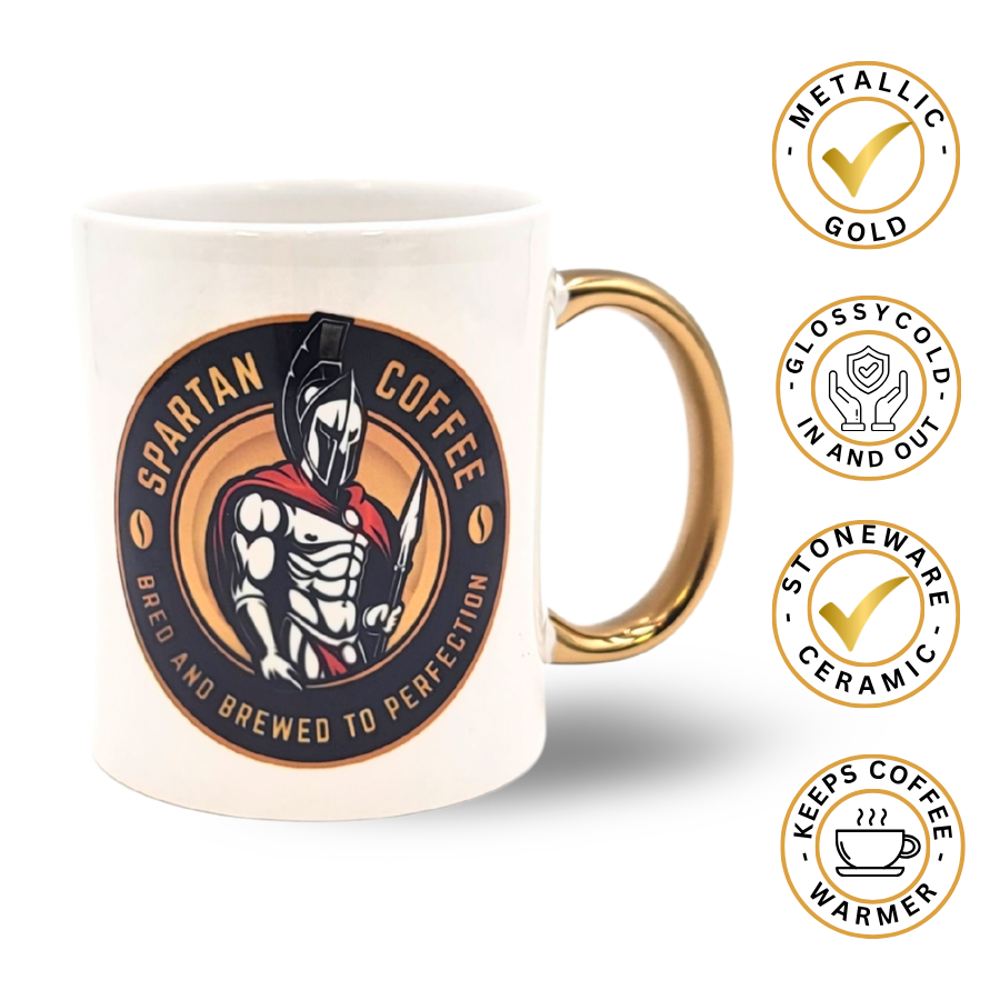 Spartan Warrior Coffee Mug with metallic gold handle and Spartan logo on white porcelain cup