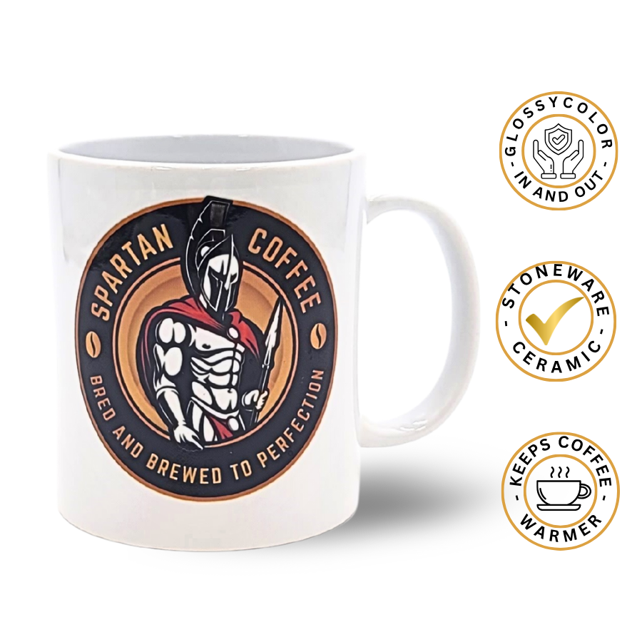 Spartan Coffee Warrior Mug white 11oz porcelain with glossy finish and Spartan Coffee logo