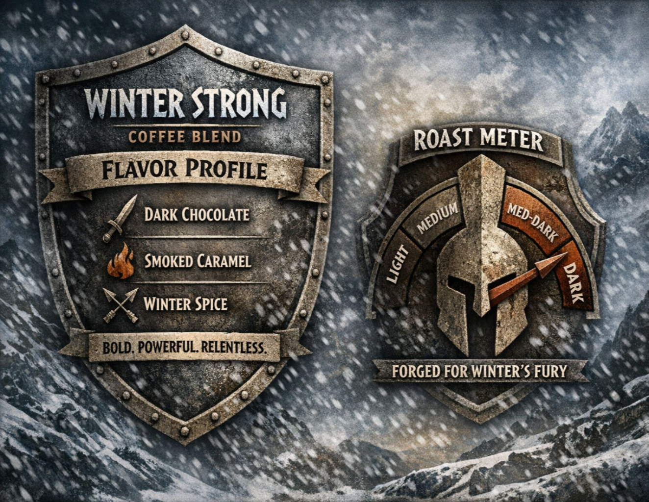 Winter Strong Coffee Blend seasonal medium dark roast. Ground bold coffee