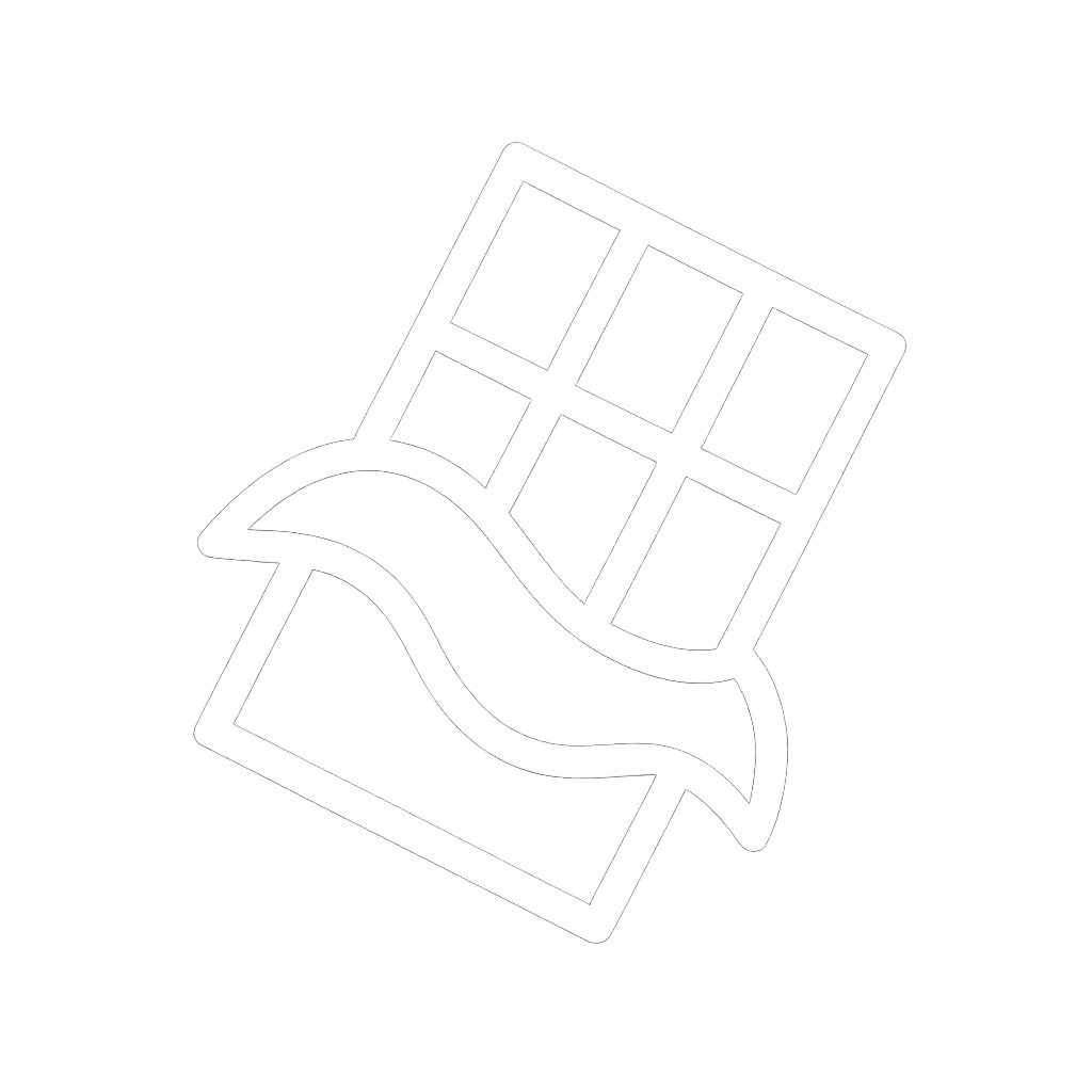 White outline of a chocolate bar with a wrapper on a black background.