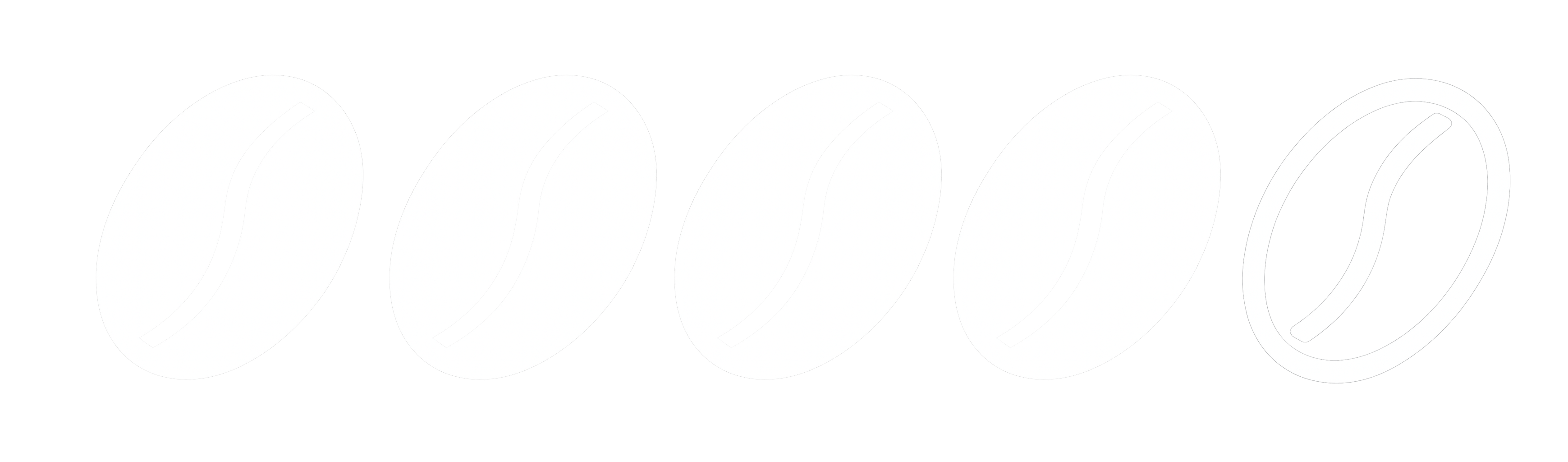 Five white coffee bean icons on a black background.
