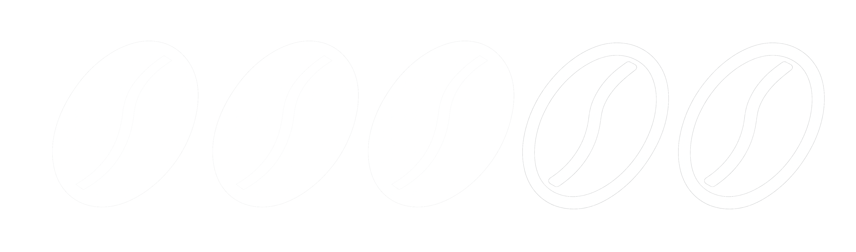 Five white coffee bean icons on a black background.