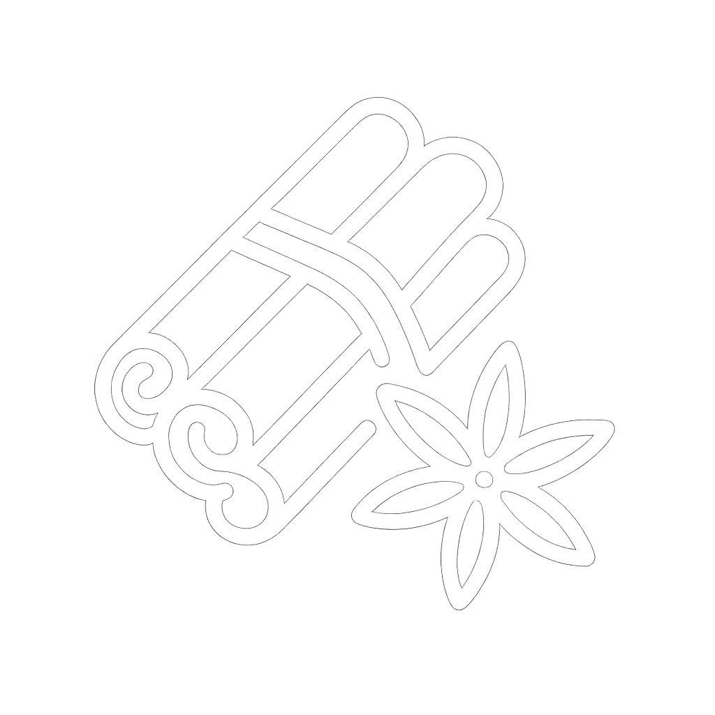 Outline of cinnamon sticks and a star anise on a black background.