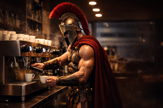 Spartan warrior making espresso with Spartan Coffee beans