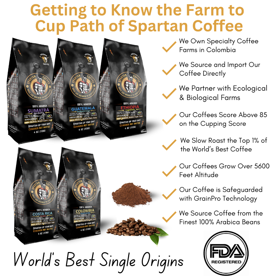 World Tour single origin coffee gift box with five 4 oz bags from Colombia, Costa Rica, Ethiopia, Guatemala, and Sumatra, featuring ground coffee and beans.