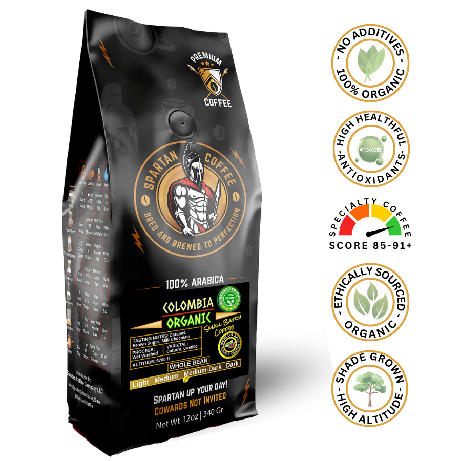 Colombian organic coffee medium roast beans with chocolate caramel and fruity notes, ethically sourced from high-altitude farms.