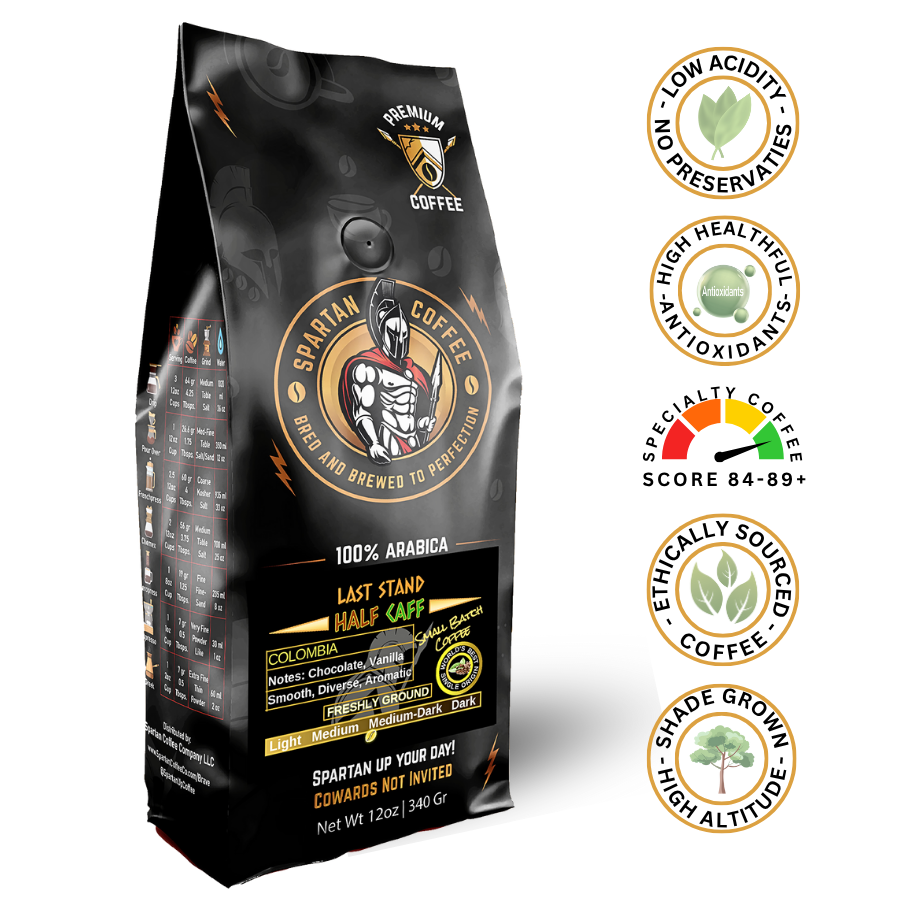 Half-caf Colombian single origin ground coffee 100% Arabica smooth balanced flavor low acidity and ethically sourced