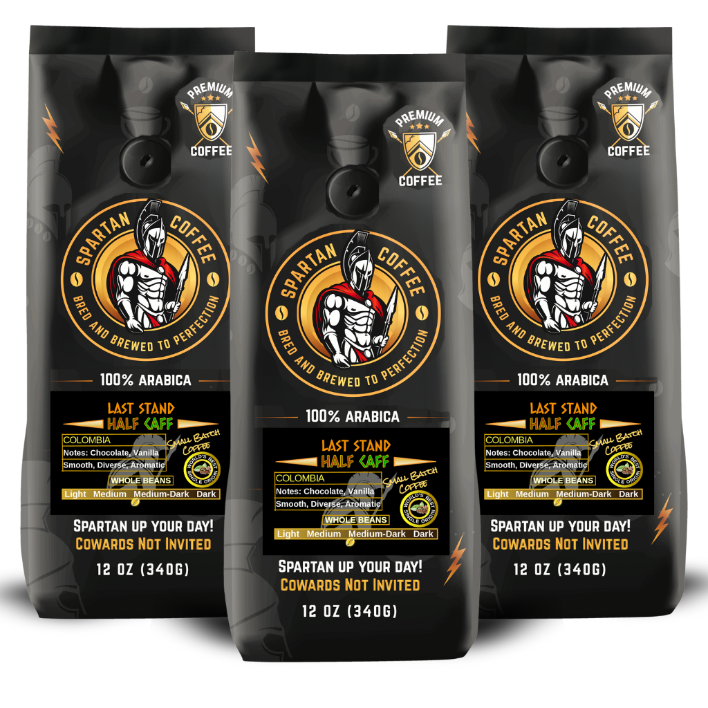 Half-caf Half-decaf Spartan Coffee 100% Arabica Colombian whole bean blend with smooth chocolate and vanilla notes