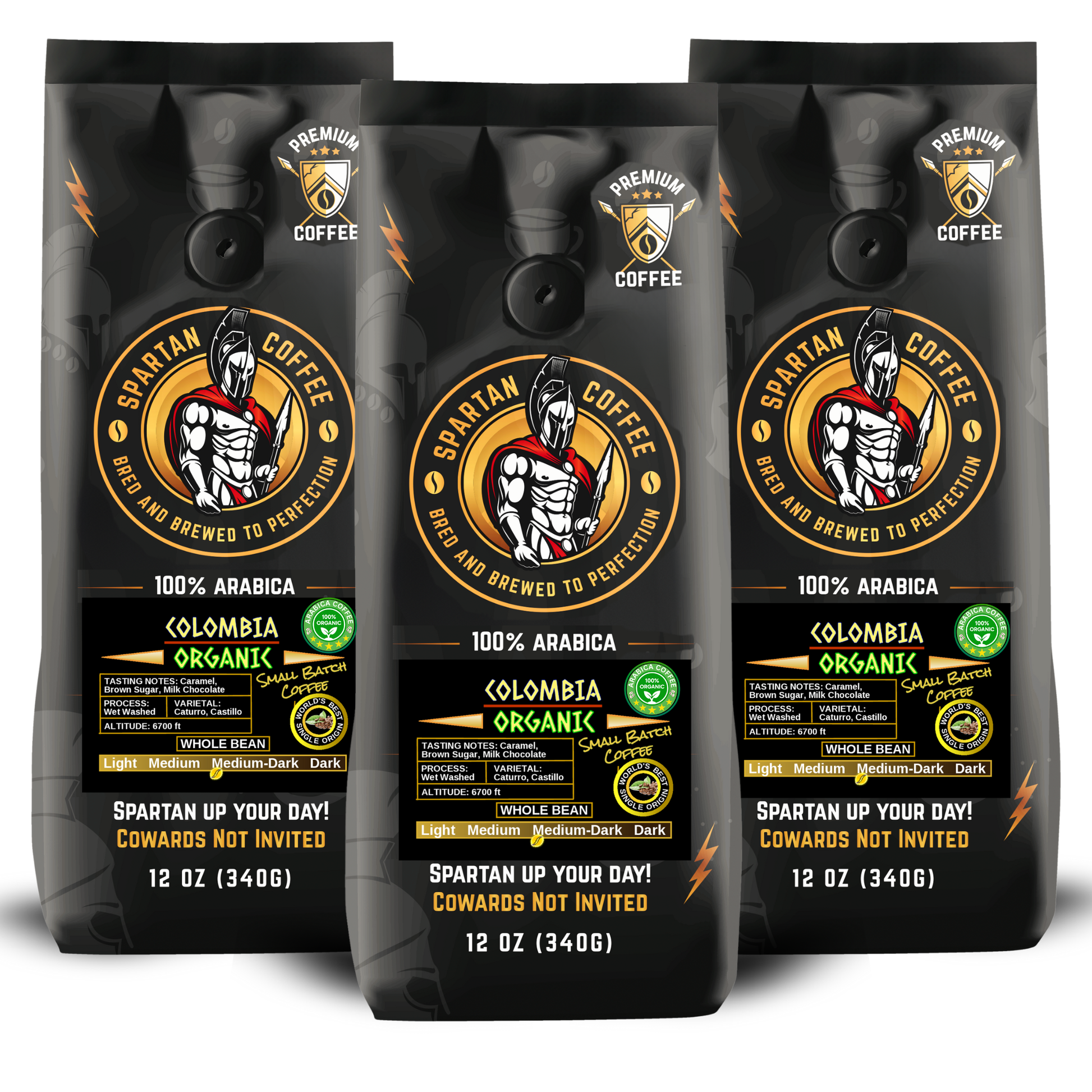 Three bags of Spartan Coffee Colombian Organic Coffee medium-dark roast 100% Arabica whole bean with bold black packaging and yellow logo
