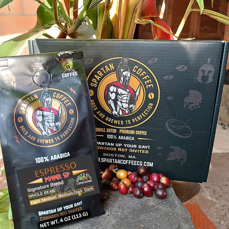 Espresso Coffee Gift Box with five assorted whole bean bags from Spartan Coffee, featuring premium 100% Arabica blends for espresso lovers.