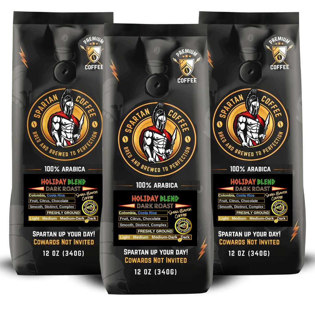 Three packages of Spartan Coffee Holiday Blend dark roast 12 oz coffee bag ground