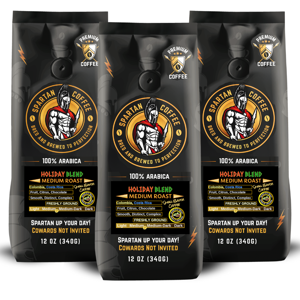 Three packages 12 oz each bag of Spartan Coffee Holiday Blend medium roast ground.