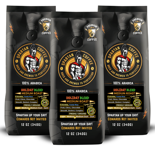 Three packages 12 oz each bag of Spartan Coffee Holiday Blend medium roast ground.