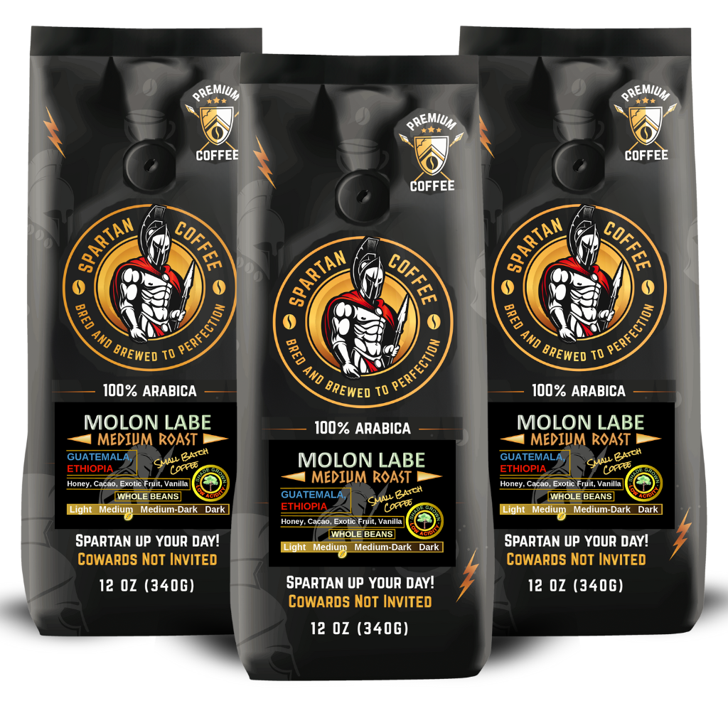 Molon Labe Signature Blend coffee, 100% Arabica coffee sourced from Guatemala, Ethiopia. Medium roast with low acidity spartan coffee. Bundle of three special blend