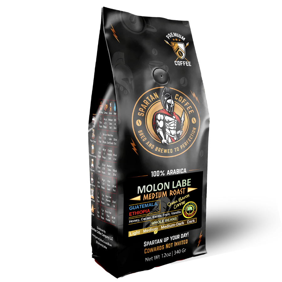 Molon Labe Signature Blend coffee, 100% Arabica coffee sourced from Guatemala, Ethiopia. Medium roast with low acidity spartan coffee
