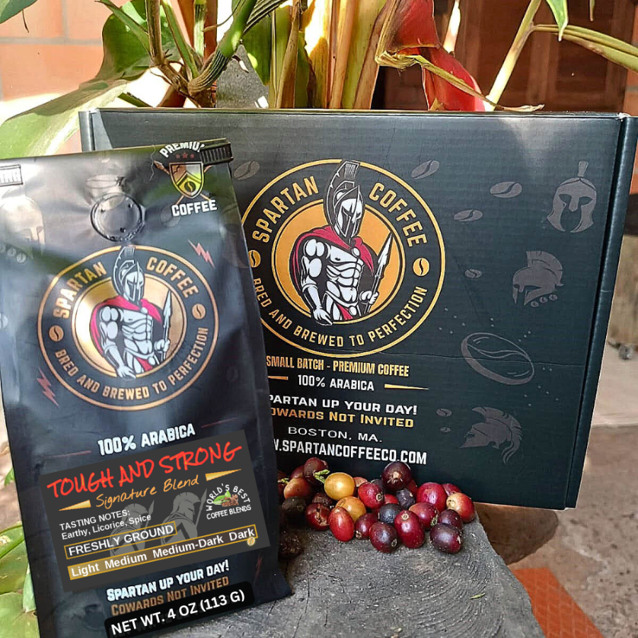 Spartan Coffee Signature Blends gift box with Tough and Strong ground coffee bag and premium packaging