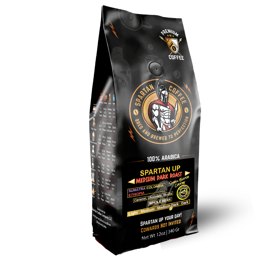Spartan Coffee Signature Blend Spartan Up, 100% Arabica Medium Dark Roast beans form Sumatra, Colombia, Ethiopia Boston, MA