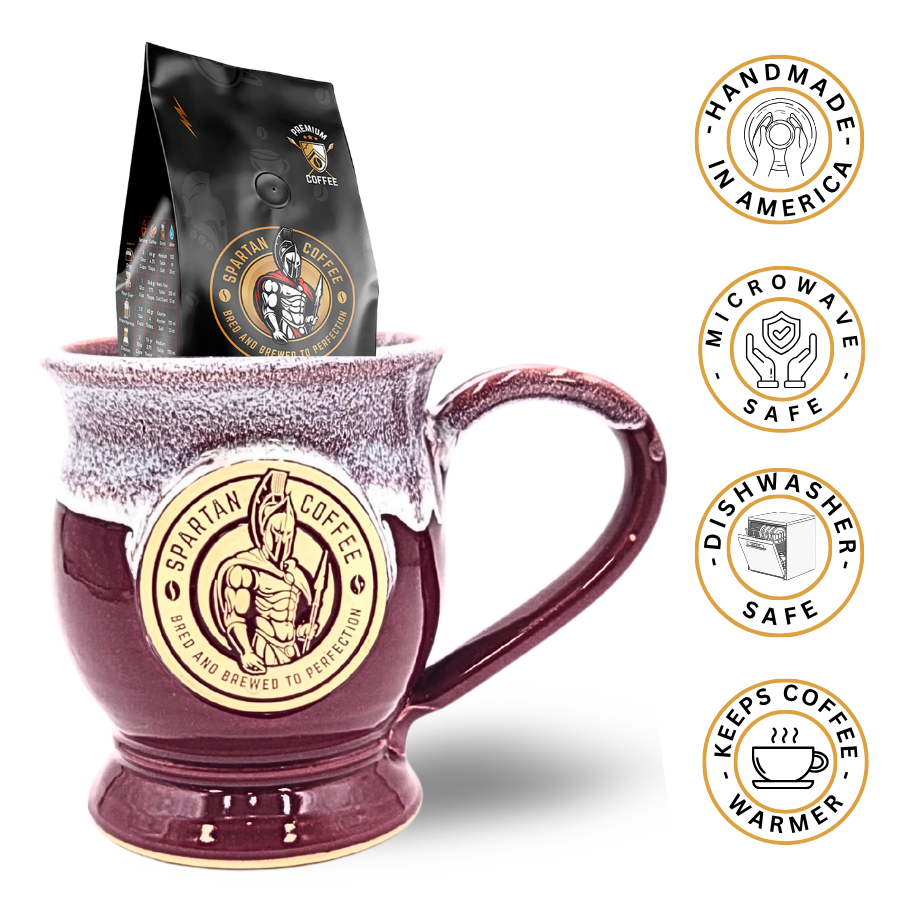 Maroon Spartan warrior coffee mug handmade in America, microwaveable, dishwasher safe