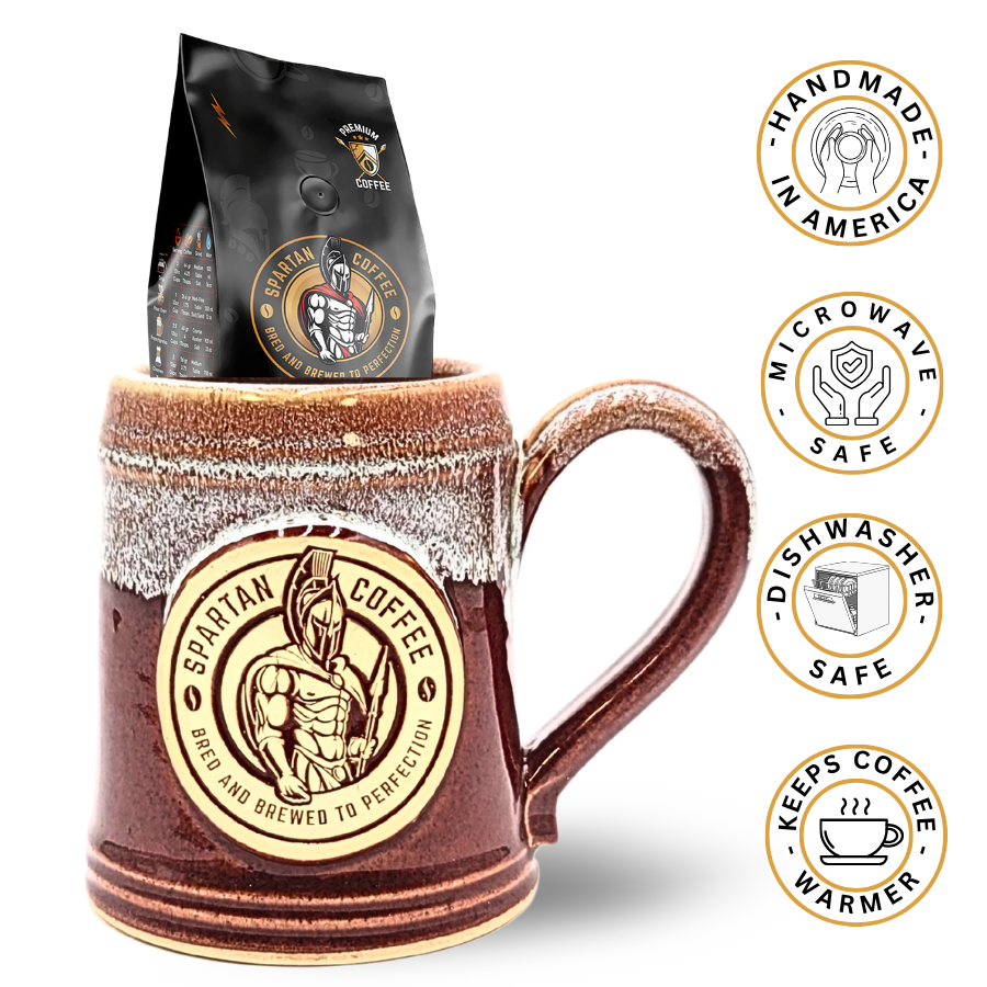 Spartan Warrior brown ceramic handmade in USA mug with Spartan Coffee logo, 4oz free coffee bag