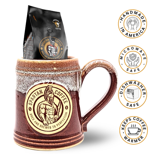Spartan Warrior brown ceramic handmade in USA mug with Spartan Coffee logo, 4oz free coffee bag
