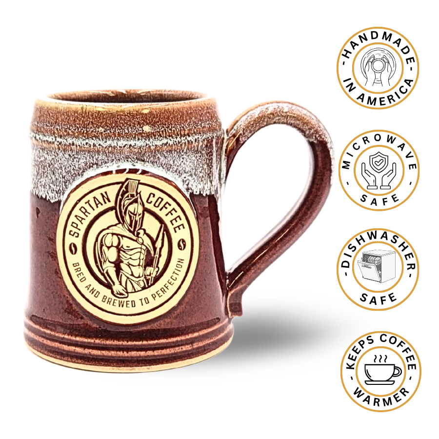 Spartan Warrior brown ceramic handmade in USA mug with Spartan Coffee logo.