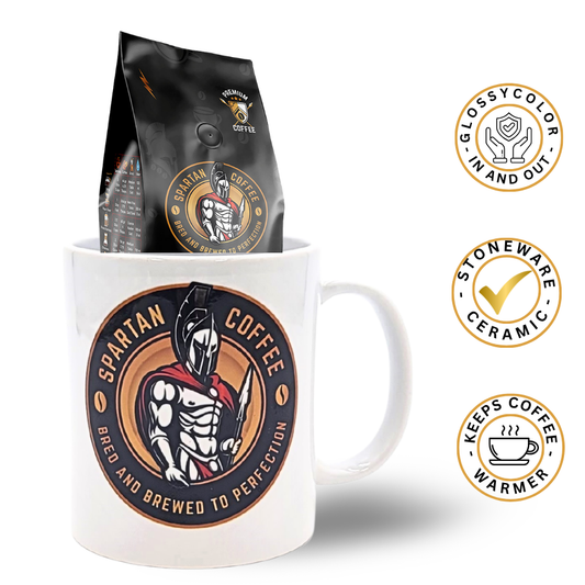 Spartan Warrior Coffee mug with 4oz free coffee bag, white glossy porcelain
