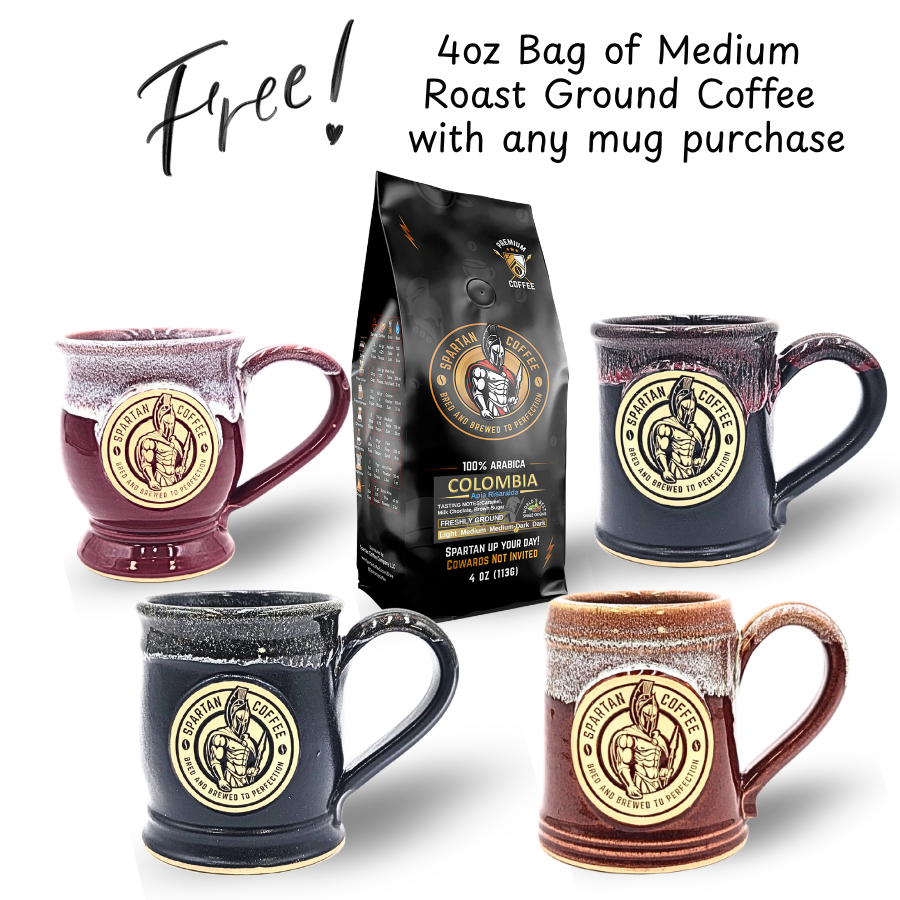 Spartan Coffee Warrior Mug assortment with free 4oz bag of medium roast ground coffee