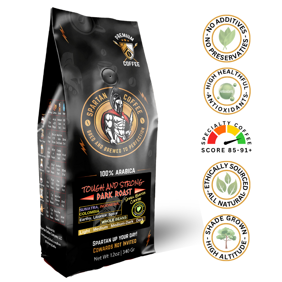 Warrior Grade Spartan coffe, 12oz bag, strongest coffee in the world, bold, dark roast beans