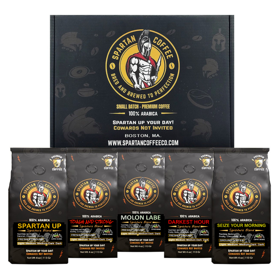 Spartan Coffee Signature Blends gift box with five bold ground coffee bags including Tough and Strong, Spartan Up, Molon Labe, Darkest Hour, and Seize Your Morning