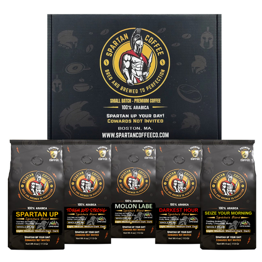 Spartan Coffee Signature Blends gift box with five bold whole bean coffee bags for strong, flavorful brews