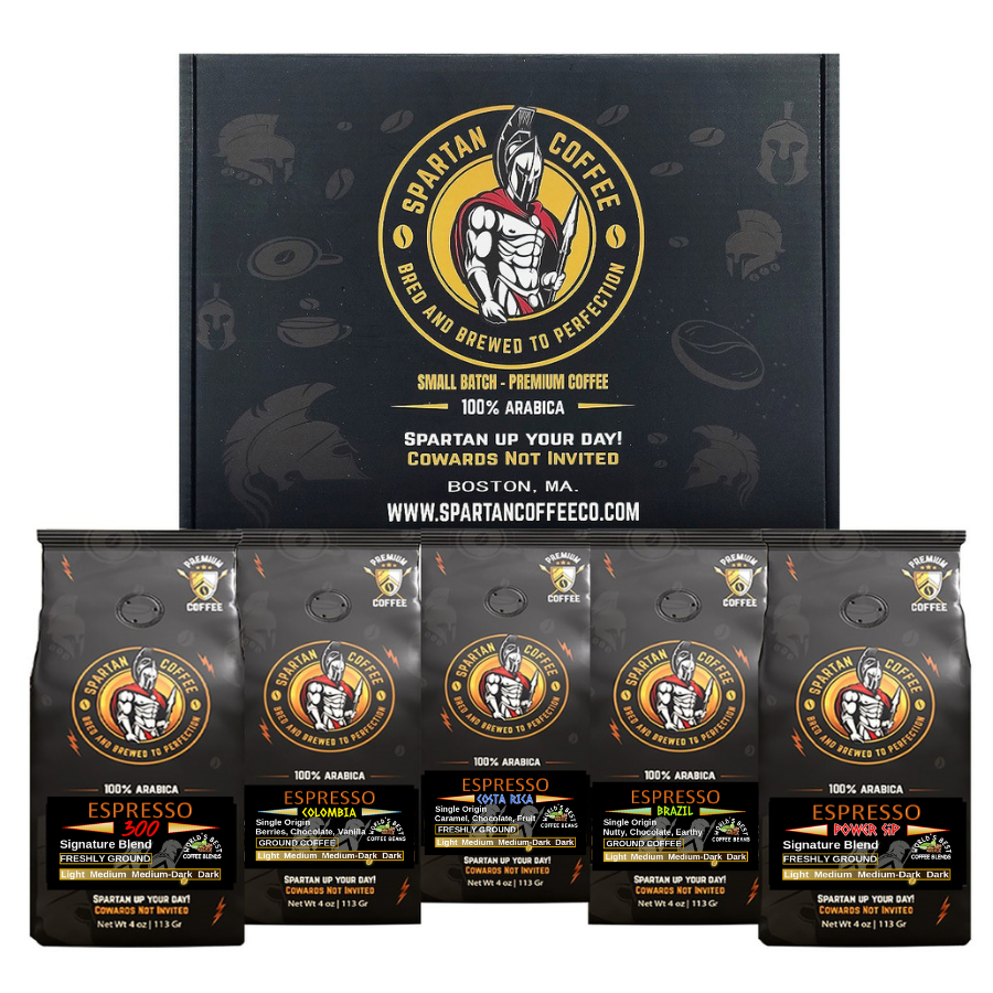 Espresso Coffee Gift Box with five assorted 4-oz bags of premium ground espresso from Spartan Coffee including Colombia, Costa Rica, Brazil, Italian Dark and Medium-Dark roasts.