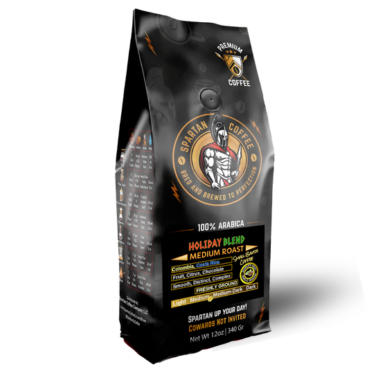 Spartan Coffee Holiday Blend medium roast 12 oz coffee bag ground.