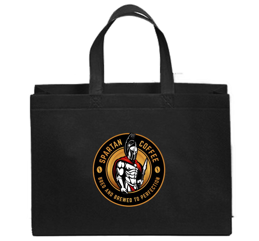 Black reusable non-woven tote bag with Spartan Coffee logo, durable foldable grocery shopping bag with handles