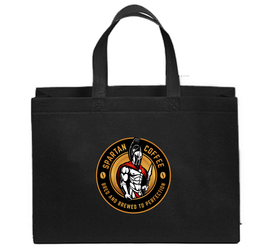 Black reusable non-woven tote bag with Spartan Coffee logo, durable foldable grocery shopping bag with handles