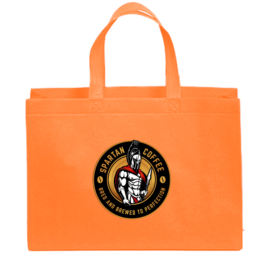 Reusable non-woven orange grocery tote bag with Spartan Coffee logo and double-stitched handles