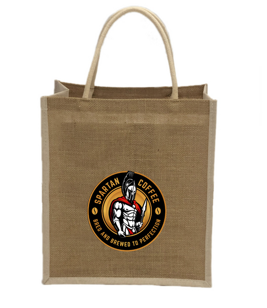 Burlap premium tote bag with Spartan Coffee logo, natural burlap front and back, canvas cotton sides, waterproof interior, and sturdy cotton rope handles.