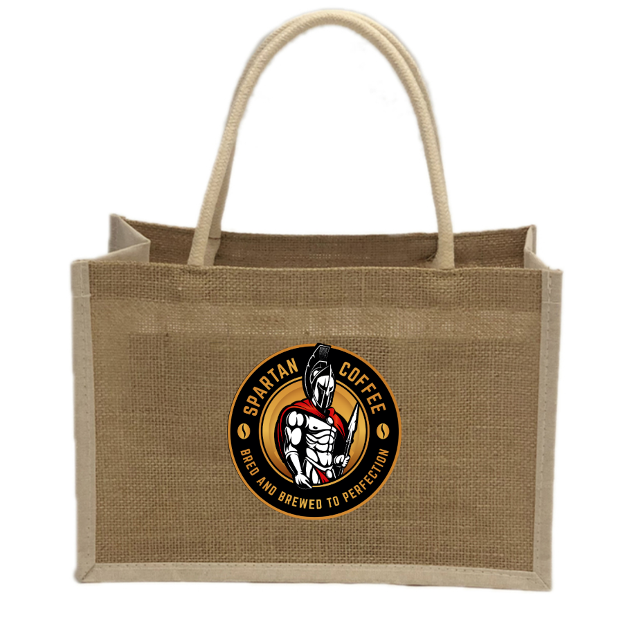 Burlap premium tote bag with Spartan Coffee logo, waterproof, sturdy cotton handles, natural burlap front and back, canvas cotton sides, reinforced piping, folding and portable design.